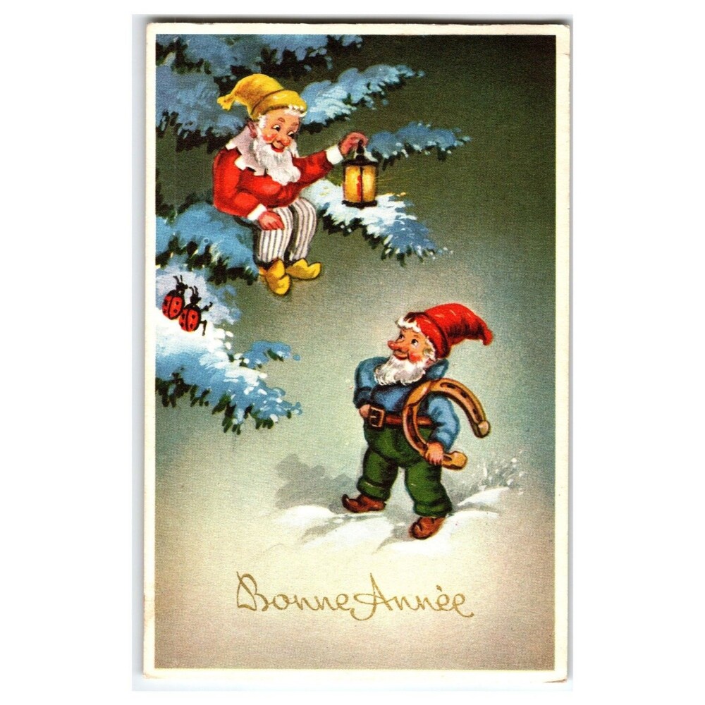 Vintage Gnomes Bonne Année Postcard 1958 Belgium Lucky Horseshoe Ladybugs